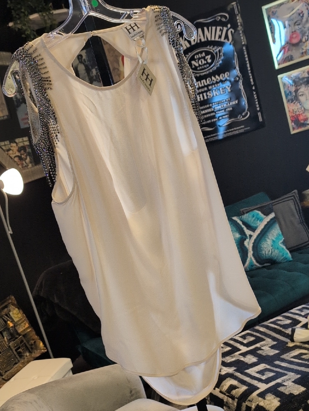 Silk Haute Hippie Cream Beaded Shoulder Sleeveless Camisole